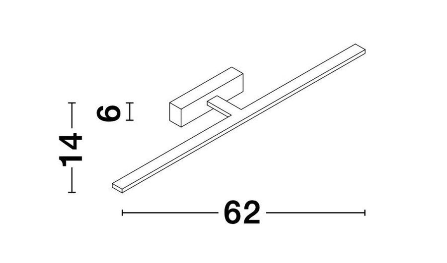Schéma coté de l'applique indiquant 62 cm de largeur et 14 cm de hauteur