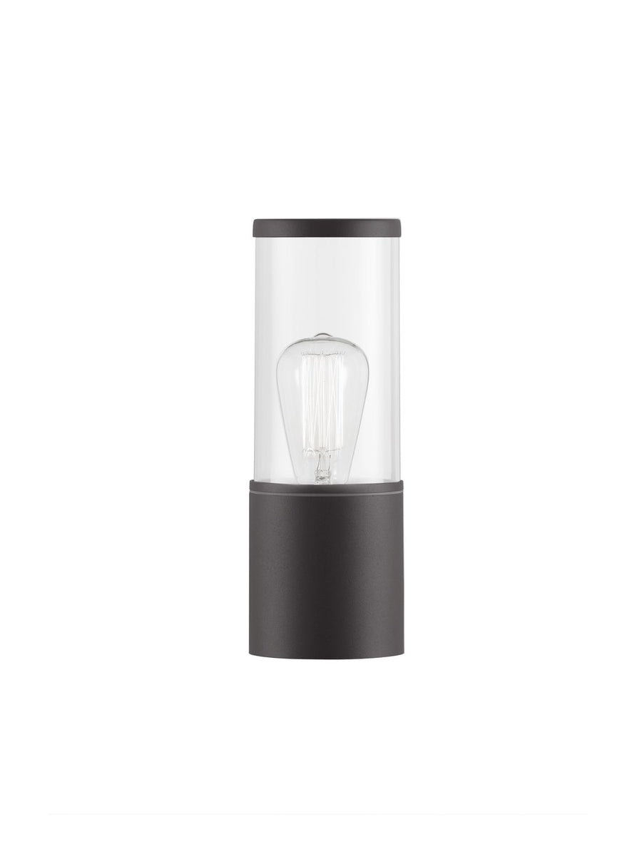 Produit de face sur fond blanc, cylindre en verre transparent et base noire