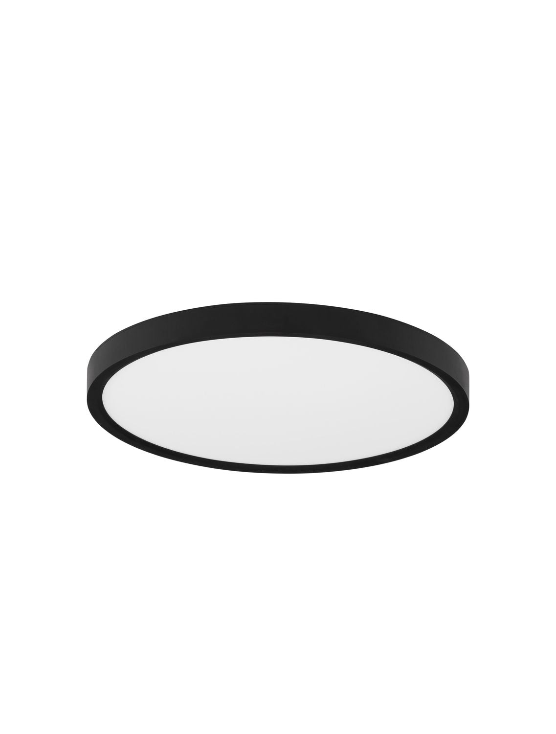 Vue en perspective du plafonnier rond noir posé sur fond blanc neutre.