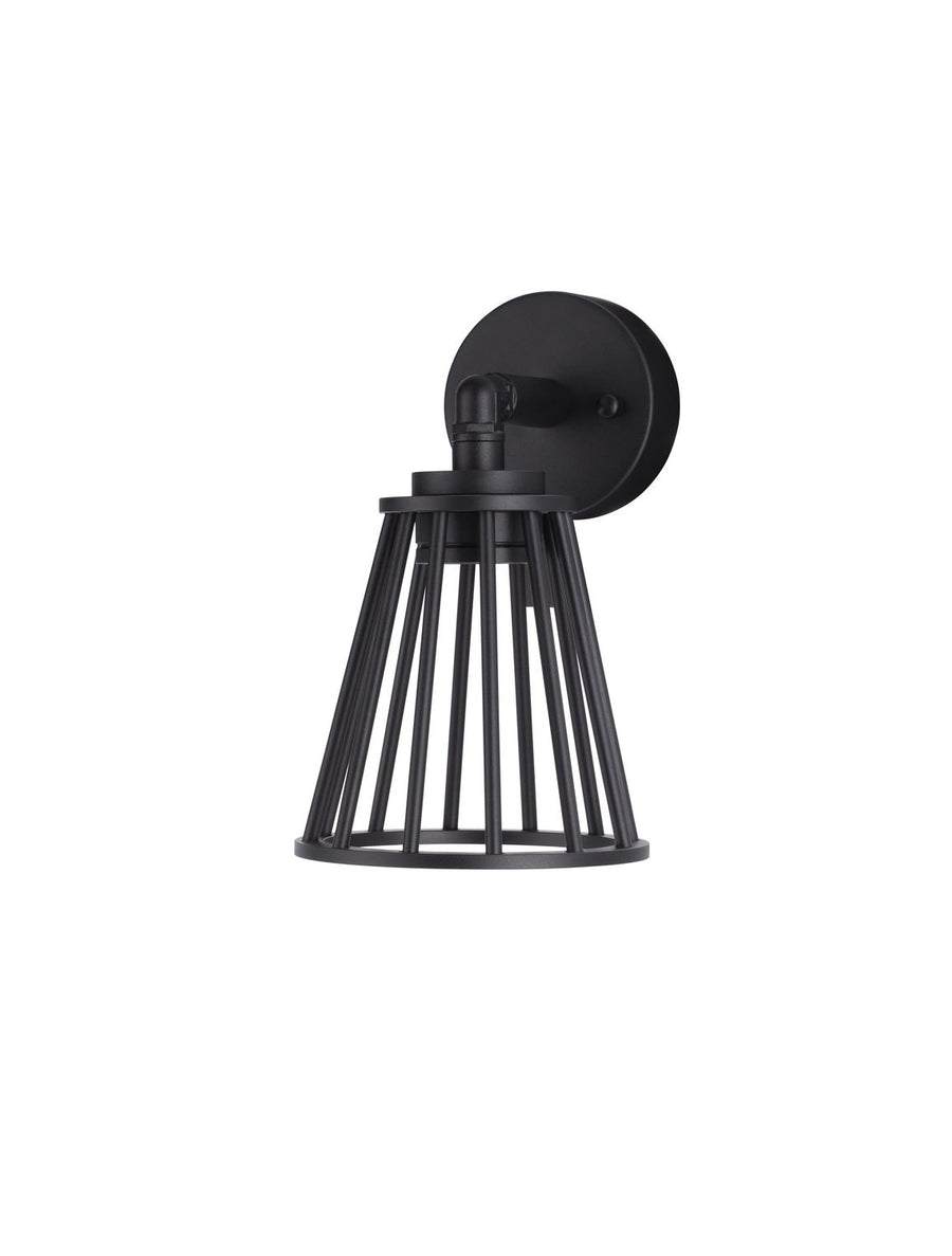 Vue de face du luminaire noir sur fond blanc, panier conique ajouré