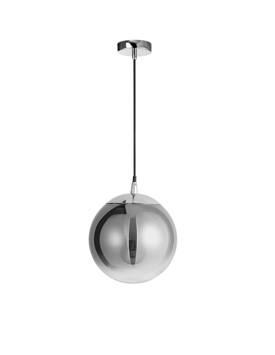 Vue d'ensemble de la suspension avec câble noir et rosace chromée fixée au plafond