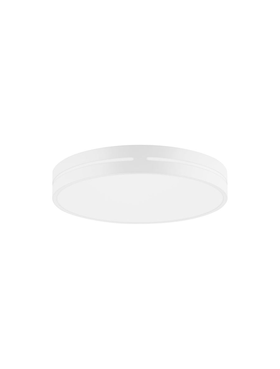 Vue de face du luminaire cylindrique blanc sur fond neutre, sans ombre