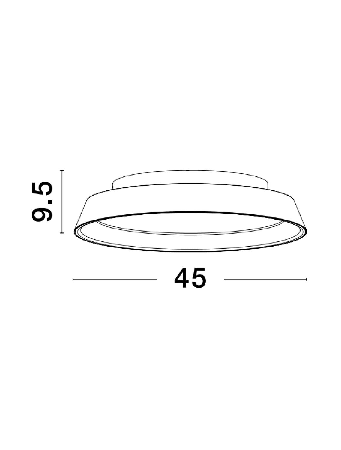 Schéma technique coté indiquant 45 cm de diamètre et 9,5 cm de hauteur
