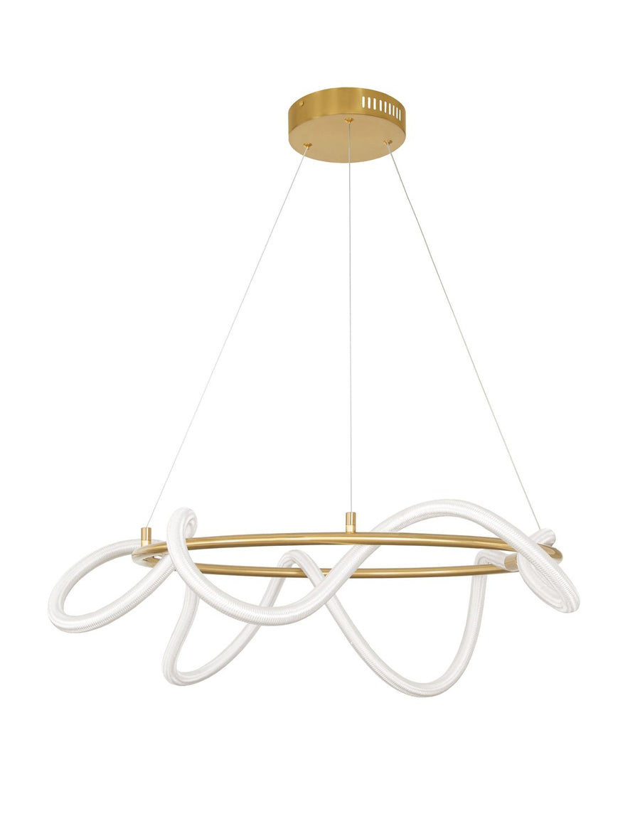 Vue de face de la suspension avec sa rosace ronde en laiton fixée au plafond.