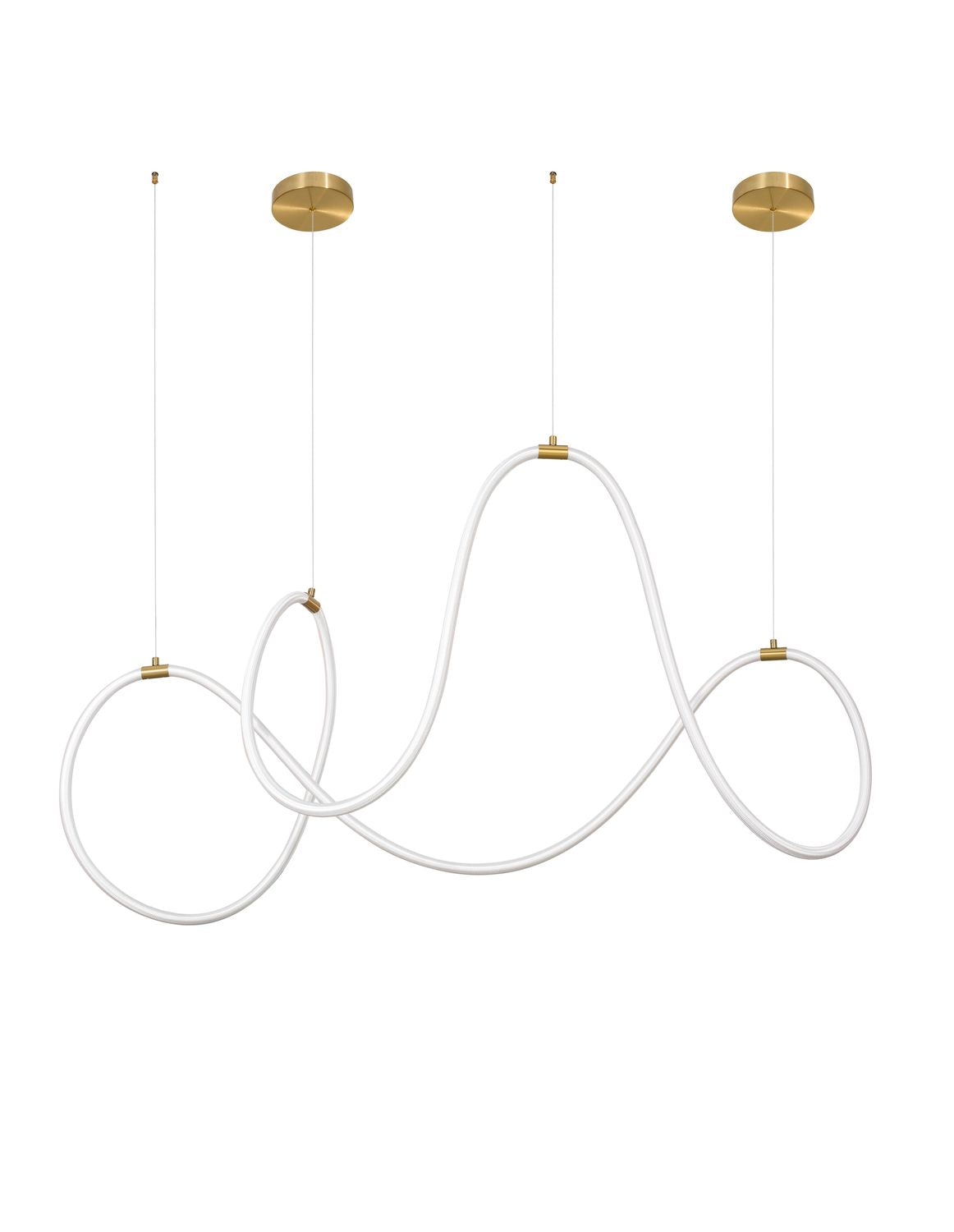 Vue de face du luminaire sur fond blanc, forme serpentine et câbles fins.