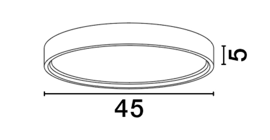 Schéma technique coté du plafonnier rond, diamètre 45 cm et hauteur 5 cm