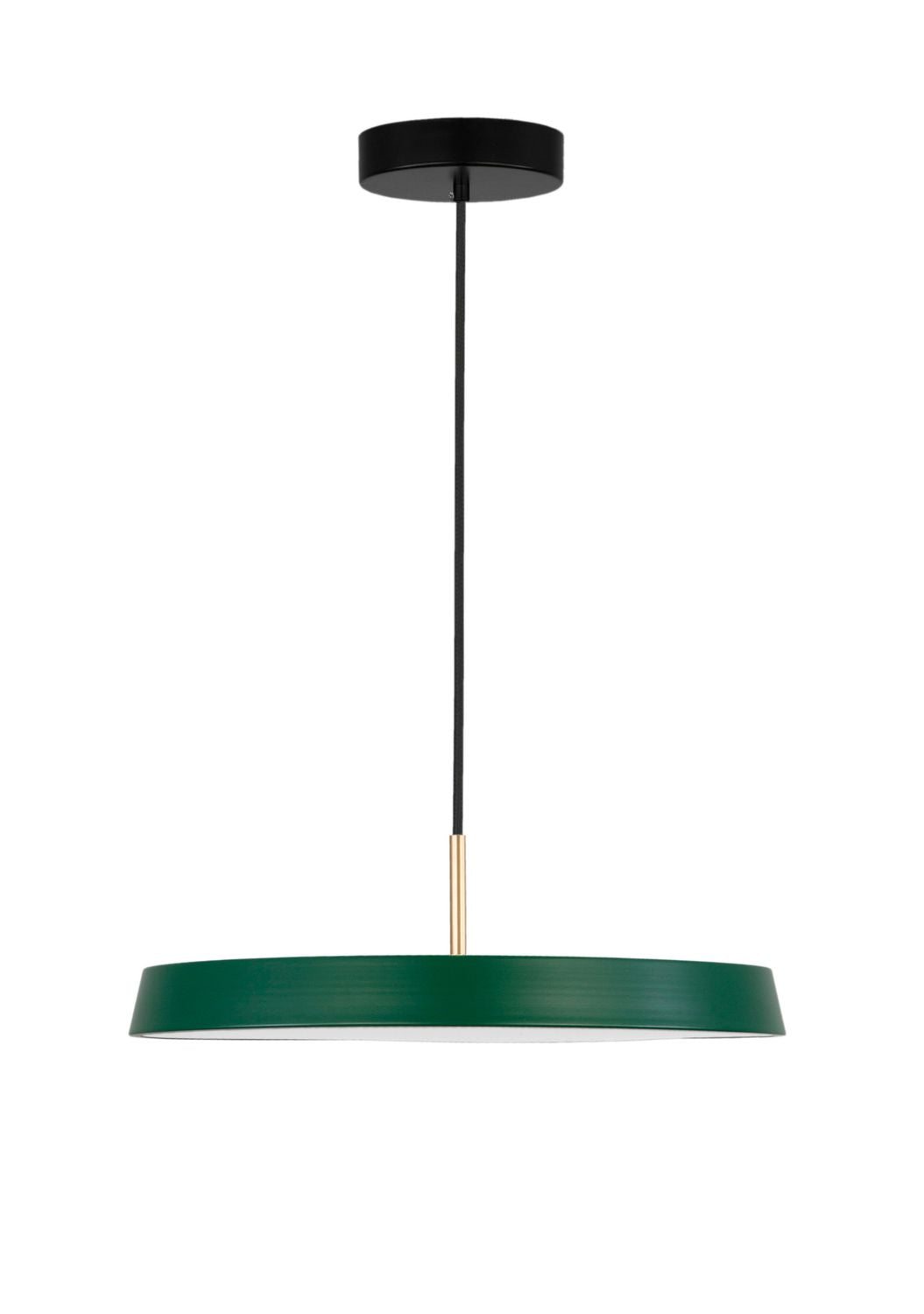 Vue de face du luminaire sur fond blanc, câble et rosace noirs visibles