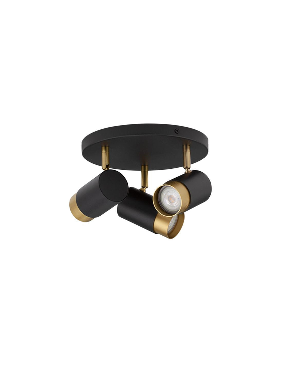 Vue de face du luminaire sur fond blanc, trois spots cylindriques orientables