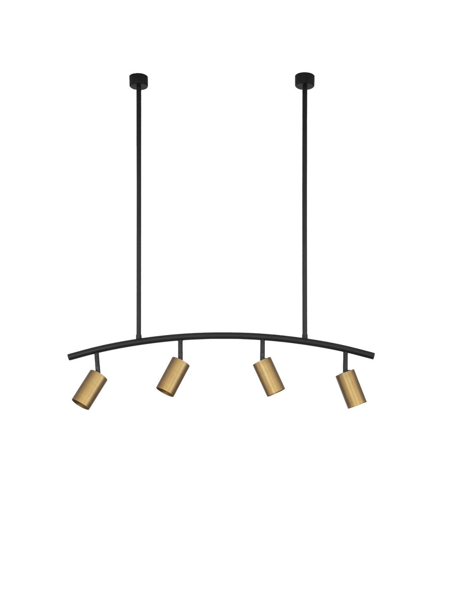 Vue de face sur fond blanc de la suspension noire et de ses projecteurs dorés.