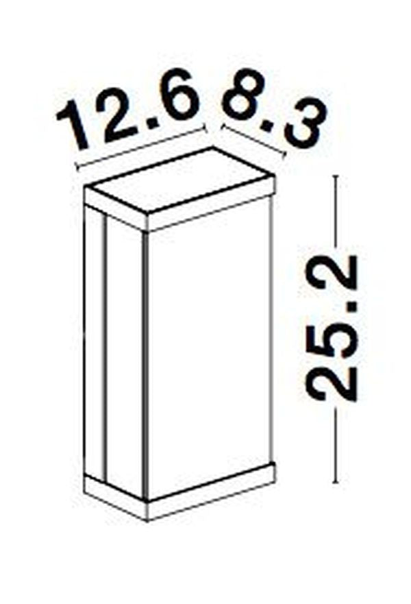 Schéma coté du modèle : largeur 12,6 cm, profondeur 8,3 cm, hauteur 25,2 cm