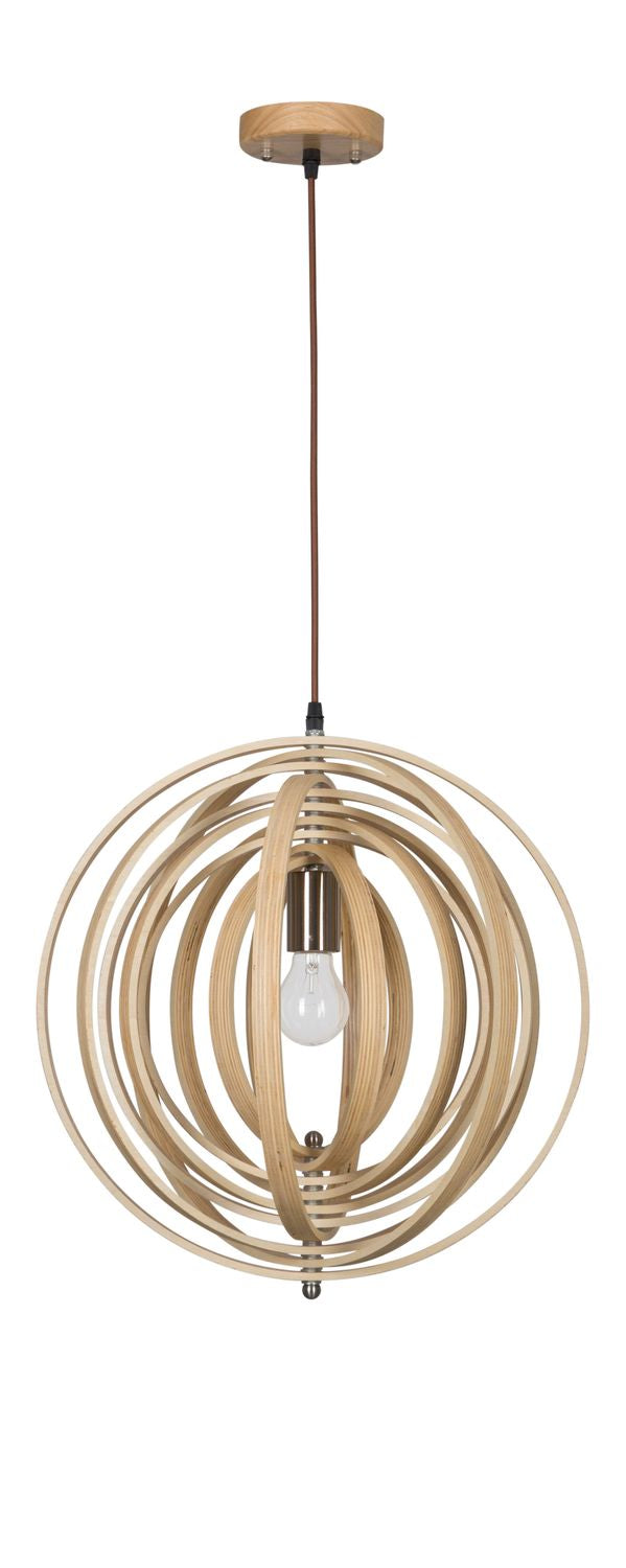 Vue de face du luminaire sphérique, câble marron et douille métallique