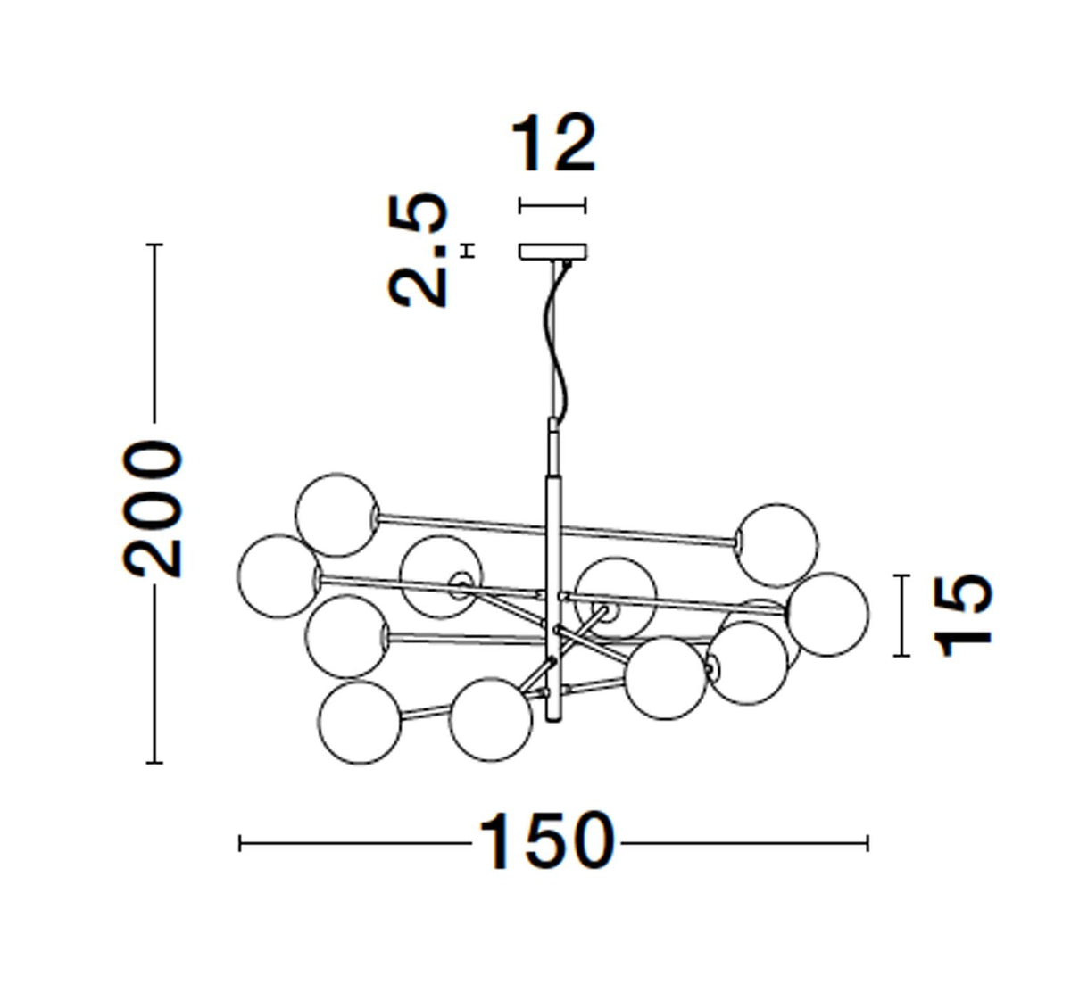 Suspension Vitra 12 lumières dorée, verre