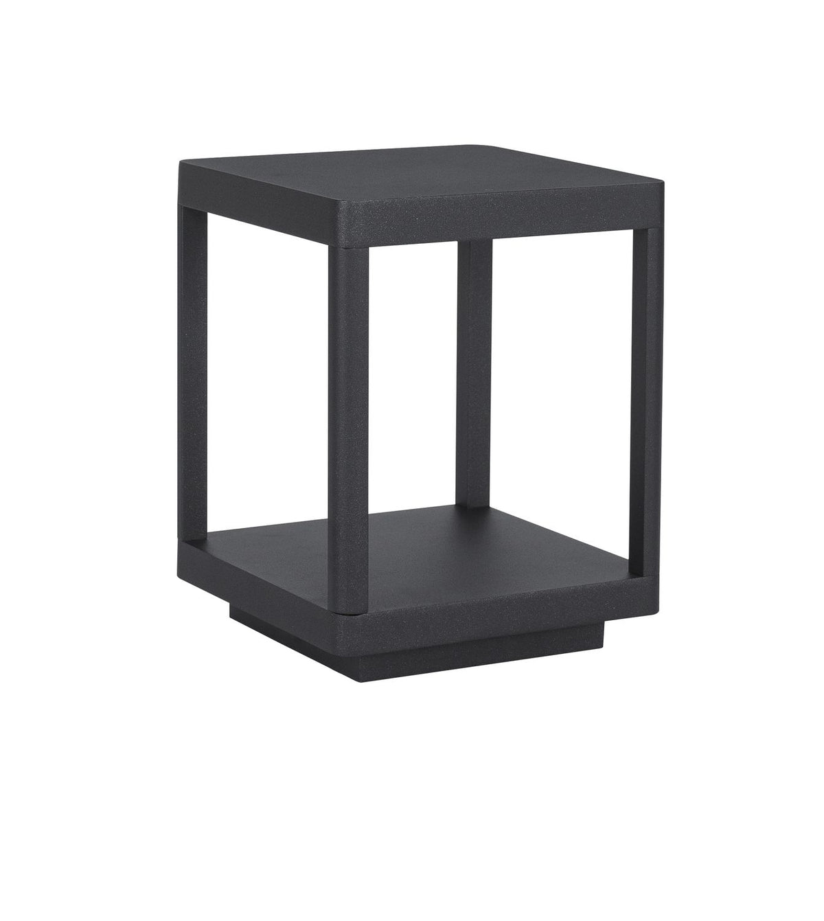 Vue de trois quarts sur fond blanc, structure cubique anthracite avec base pleine