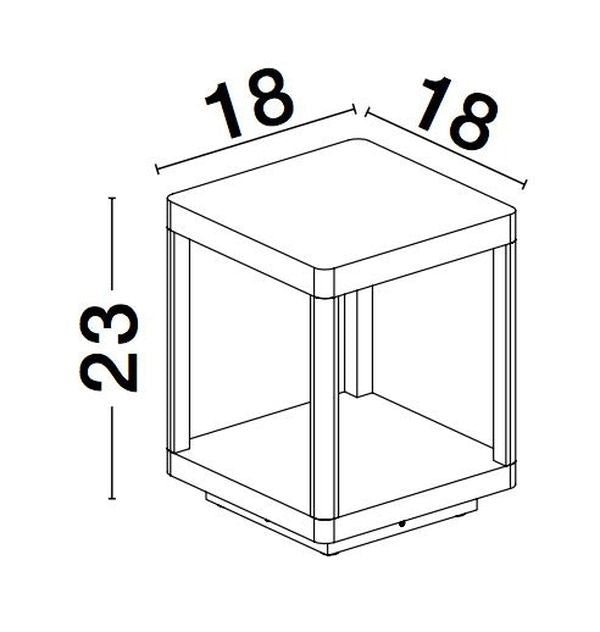 Schéma coté de la borne carrée : 18 cm de côté et 23 cm de haut