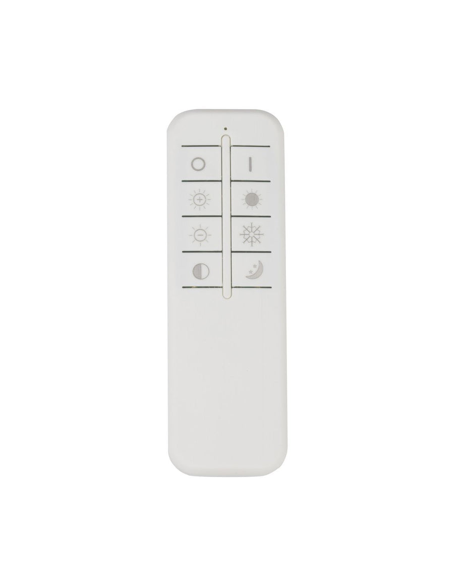 Télécommande blanche du plafonnier avec boutons de réglage d'intensité et de température.