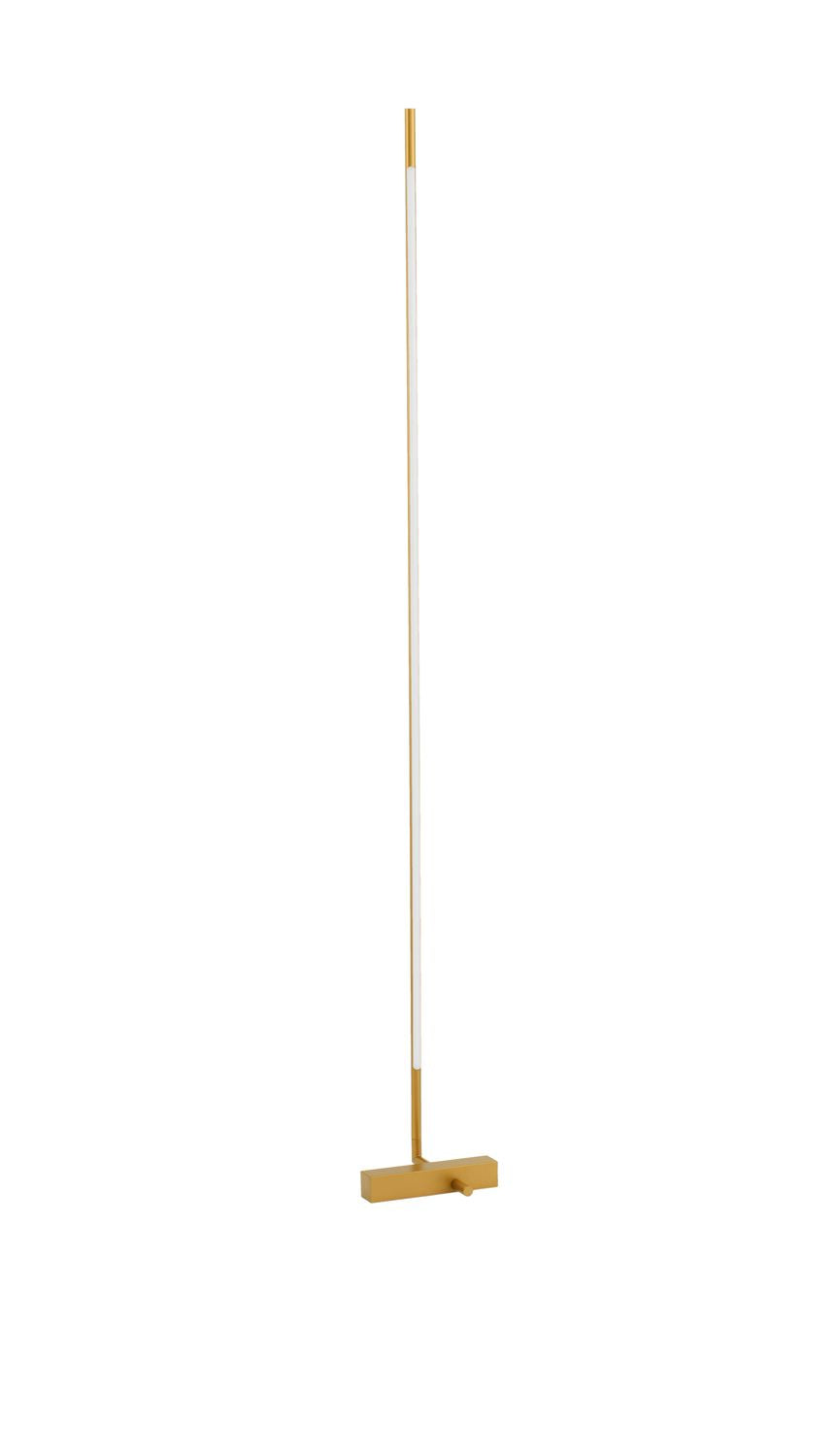 Vue de face du luminaire seul : long tube vertical doré sur socle rectangulaire.