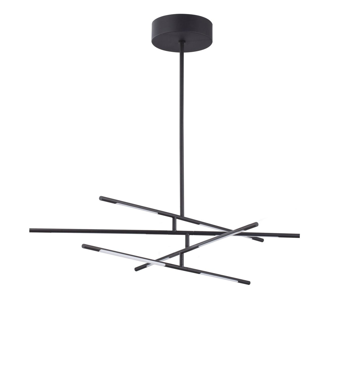 Vue de trois-quarts du luminaire suspendu noir aux tiges croisées