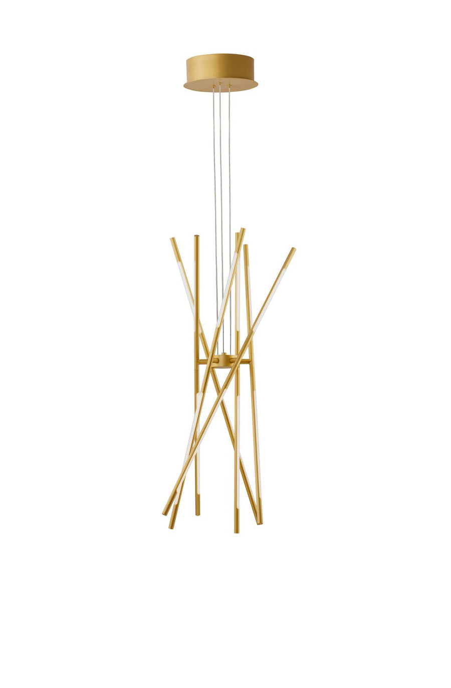 Luminaire laiton suspendu vu de profil, longues tiges fines regroupées