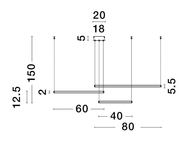 Schéma de dimensions du luminaire suspendu avec largeurs 60, 40, 80 et hauteur 150