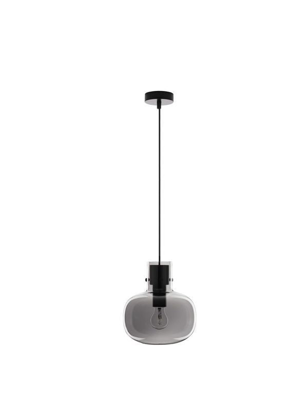 Vue d'ensemble sur fond blanc du luminaire suspendu avec sa rosace noire