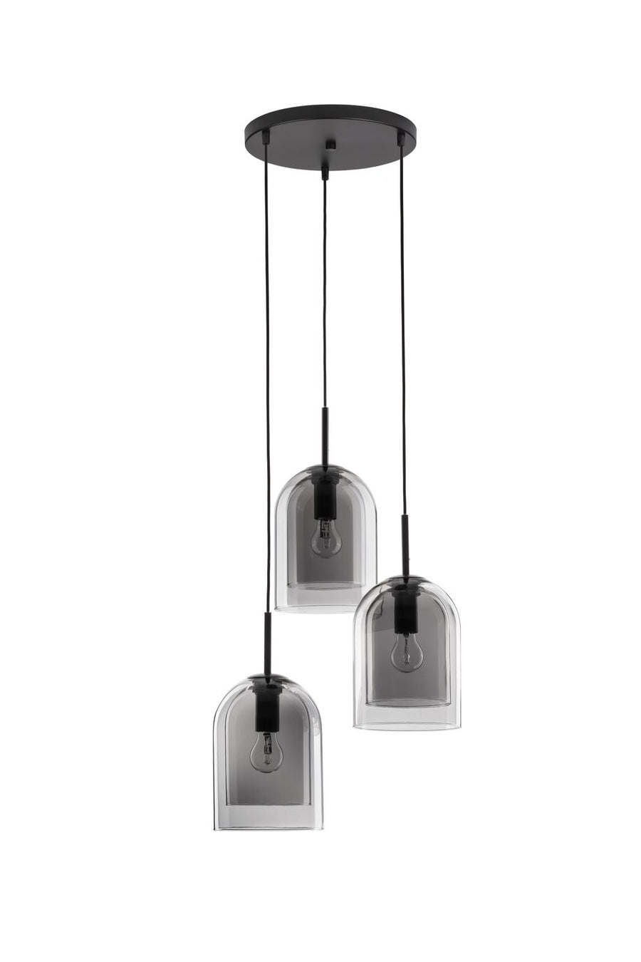 Vue de face du luminaire complet avec ses trois verres suspendus à câbles noirs