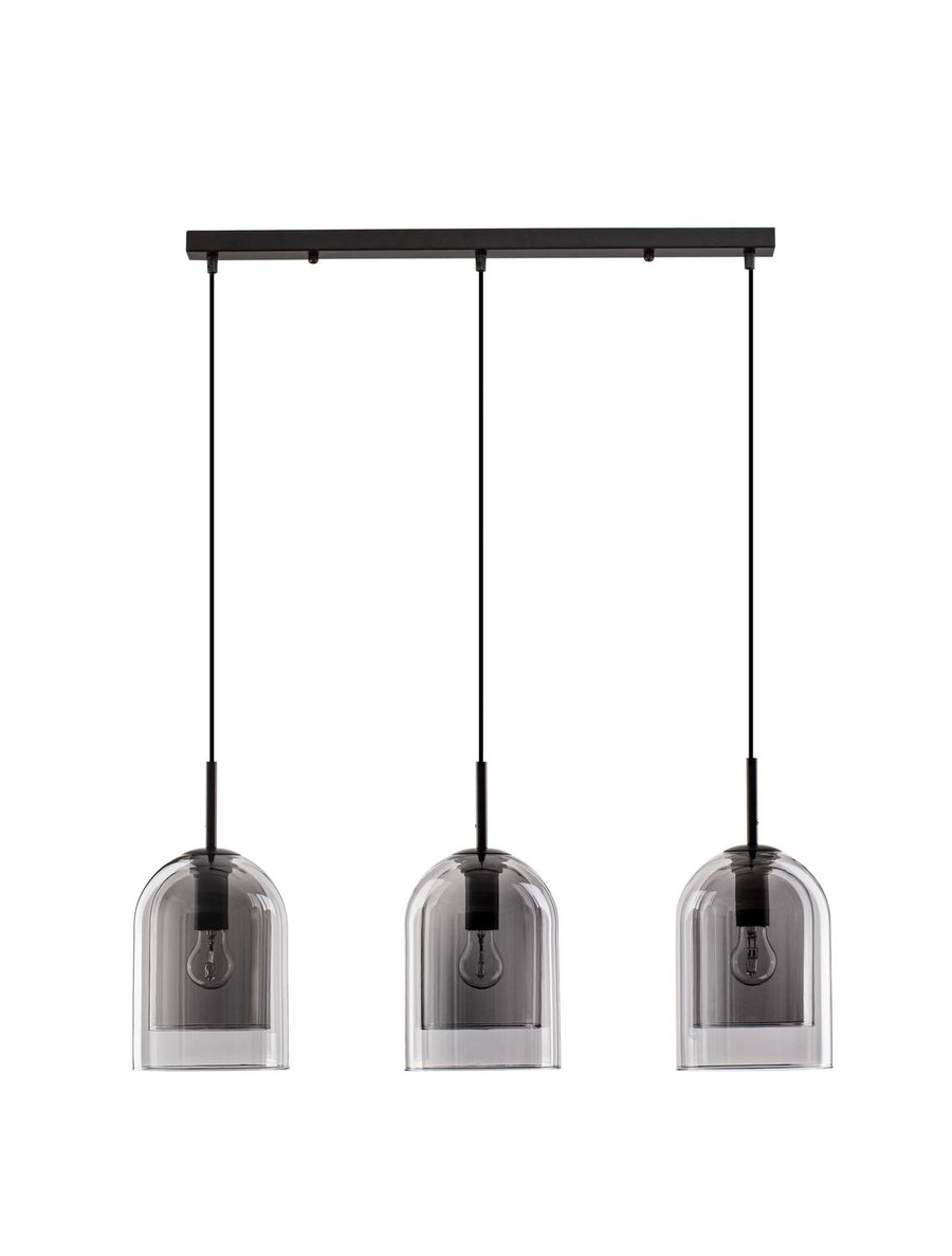 Plan large de la suspension, structure noire et trois diffuseurs en verre fumé.