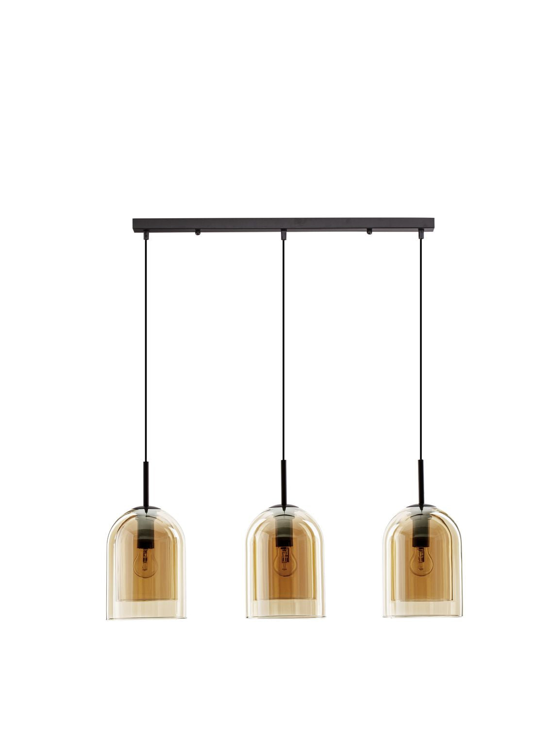 Vue d'ensemble sur fond blanc du luminaire à trois abat-jours en verre