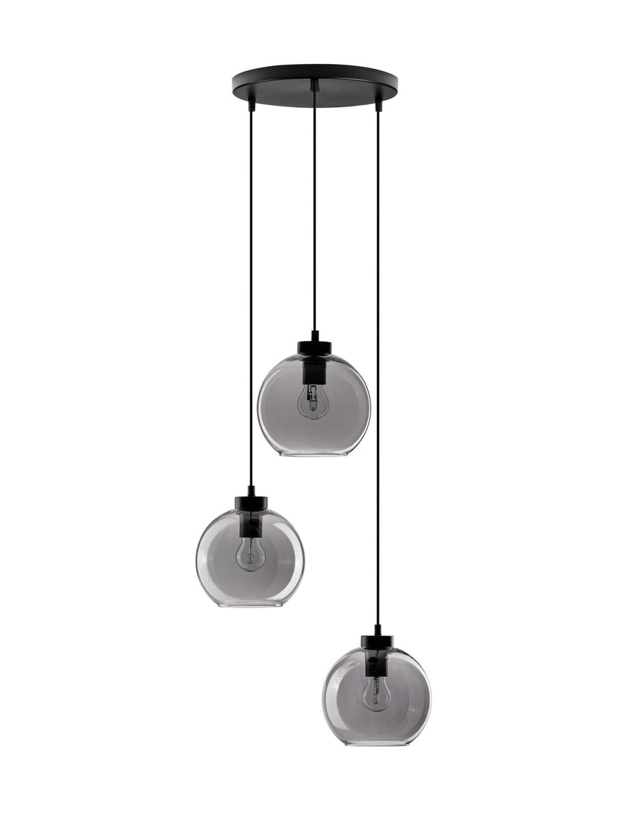 Produit de face : suspension noire à trois globes en verre fumé et câbles réglables.