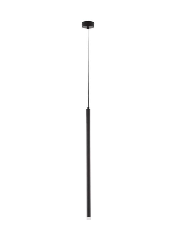 Vue de face du luminaire noir sur fond blanc, câble et tube fins