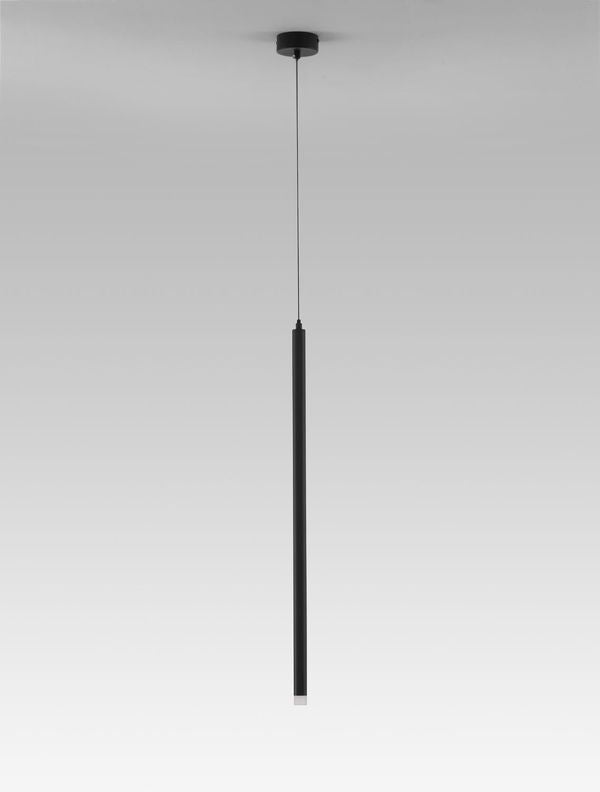 Suspension complète vue de face sur fond gris clair, rosace fixée au plafond