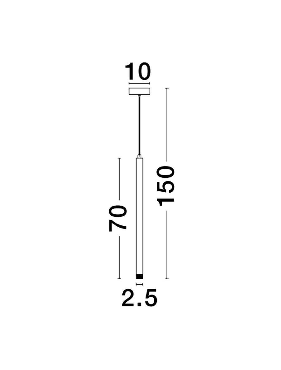 Schéma coté indiquant 150 cm de hauteur, 70 cm de tube et 2,5 cm