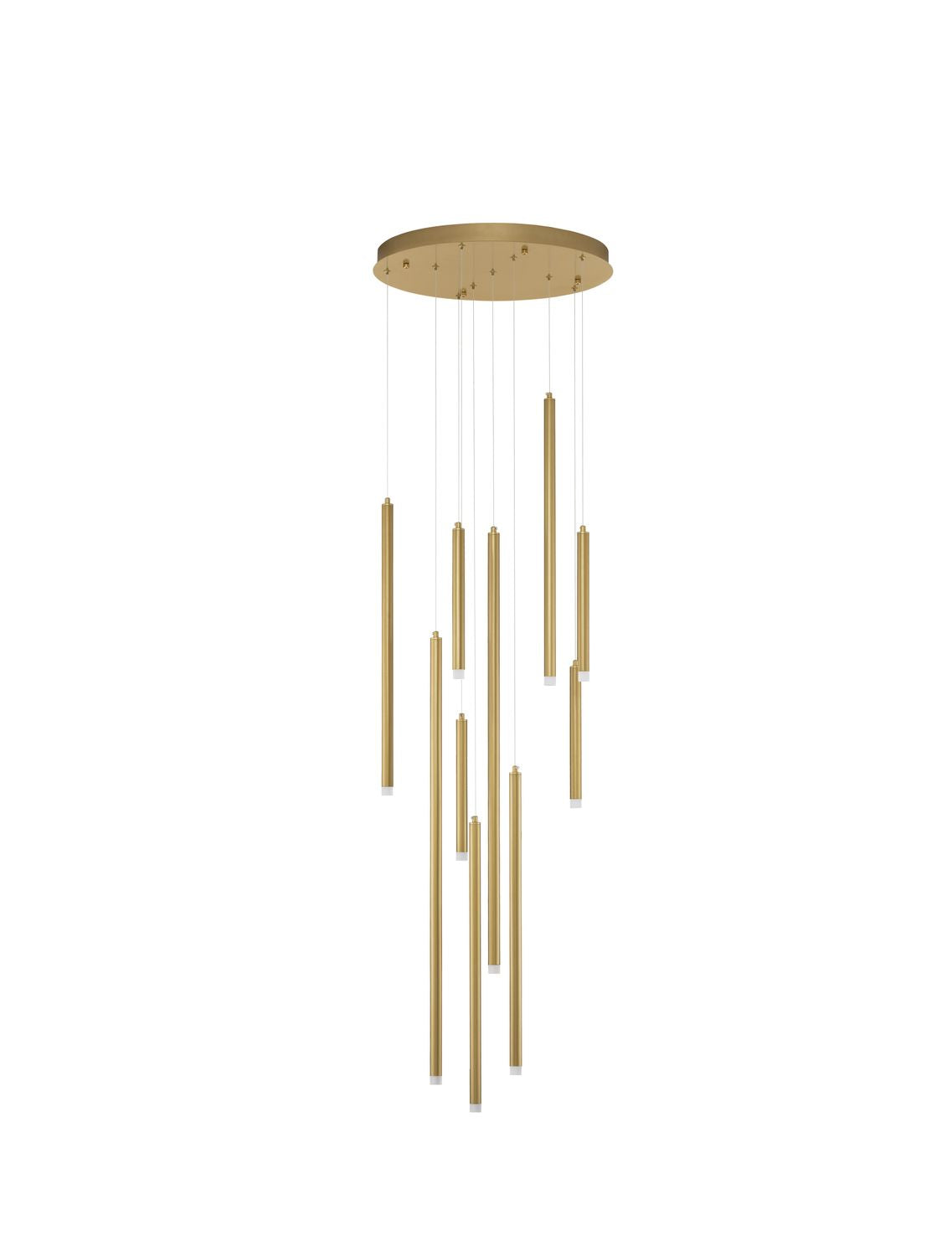 Vue de face de la suspension dorée avec support circulaire et cylindres suspendus sur fond blanc.