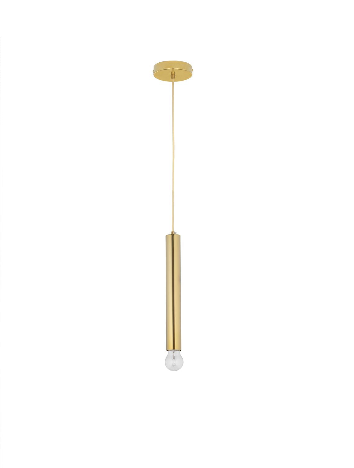 Vue de face du luminaire doré suspendu sur fond blanc, ampoule apparente