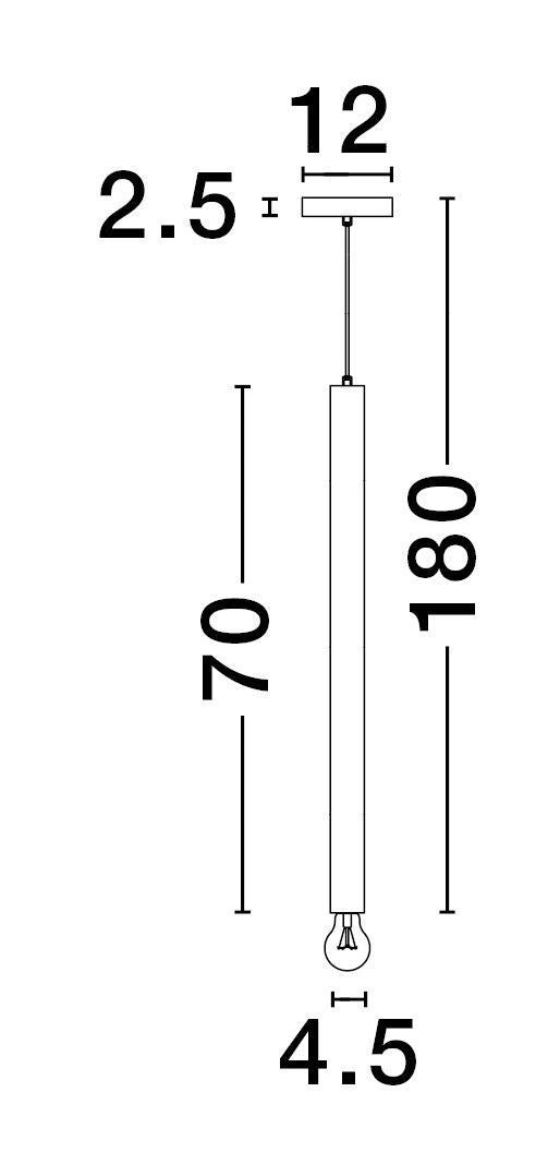 Schéma de dimensions de la suspension dorée : hauteur totale 180 cm et tube 70 cm.