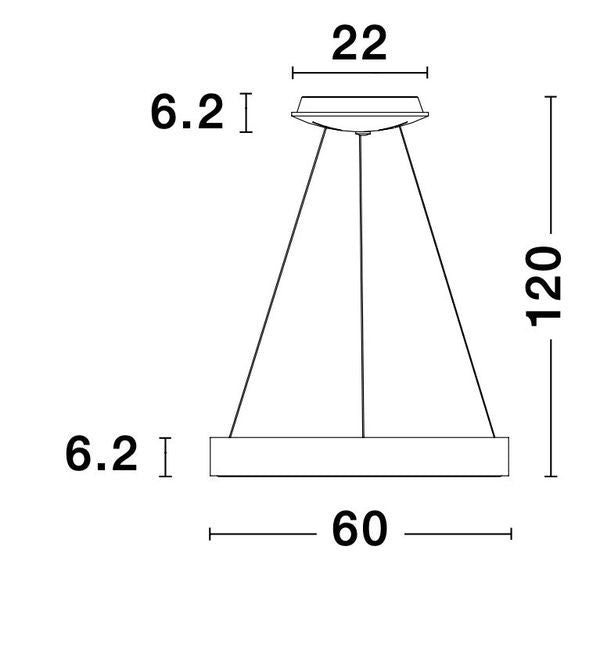 Schéma coté de la suspension : diamètre 60 cm, hauteur 120 cm et rosace 22 cm
