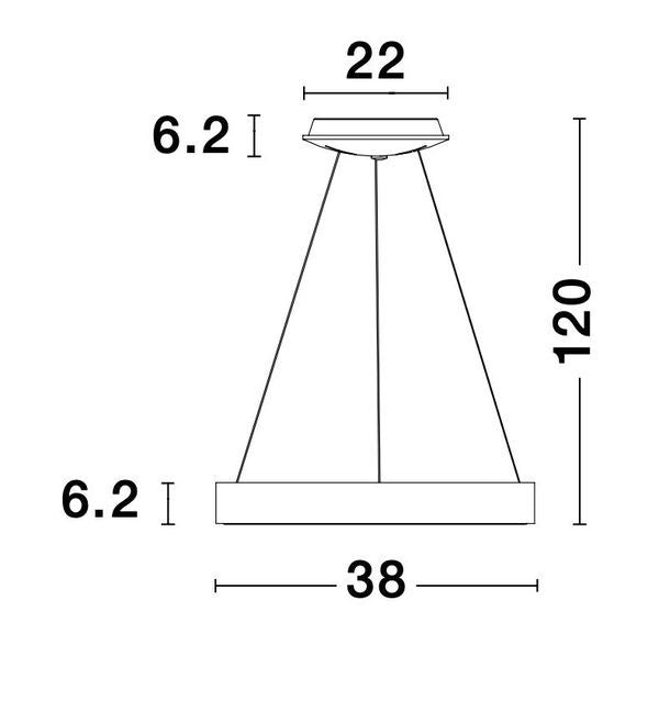 Schéma de dimensions du luminaire avec diamètre 38, hauteur 120 et rosace 22