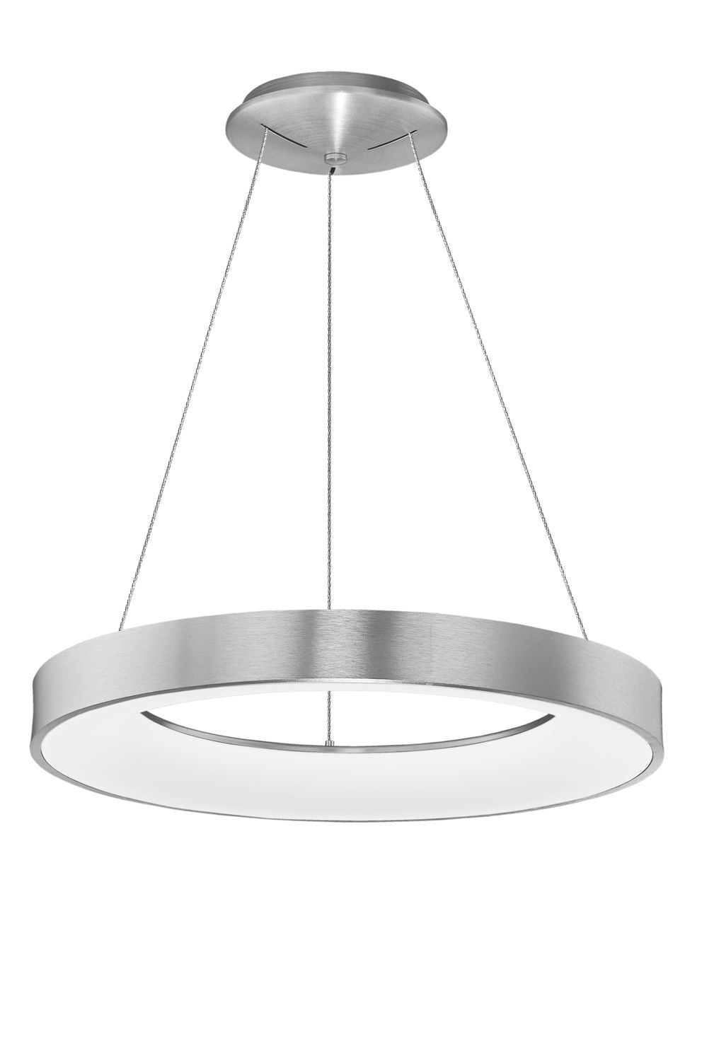 Vue de trois-quarts du luminaire suspendu montrant le cercle et ses câbles