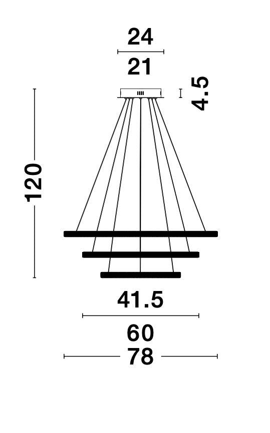 Schéma coté du luminaire avec hauteur et diamètres des anneaux