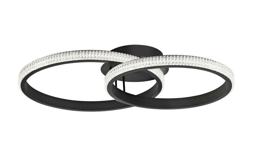 Vue de face du luminaire sur fond blanc, anneaux noirs et diffuseurs texturés