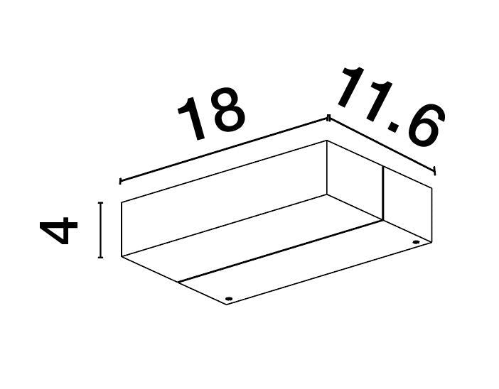 Schéma coté du luminaire : largeur 18 cm, profondeur 11,6 cm, hauteur 4 cm.