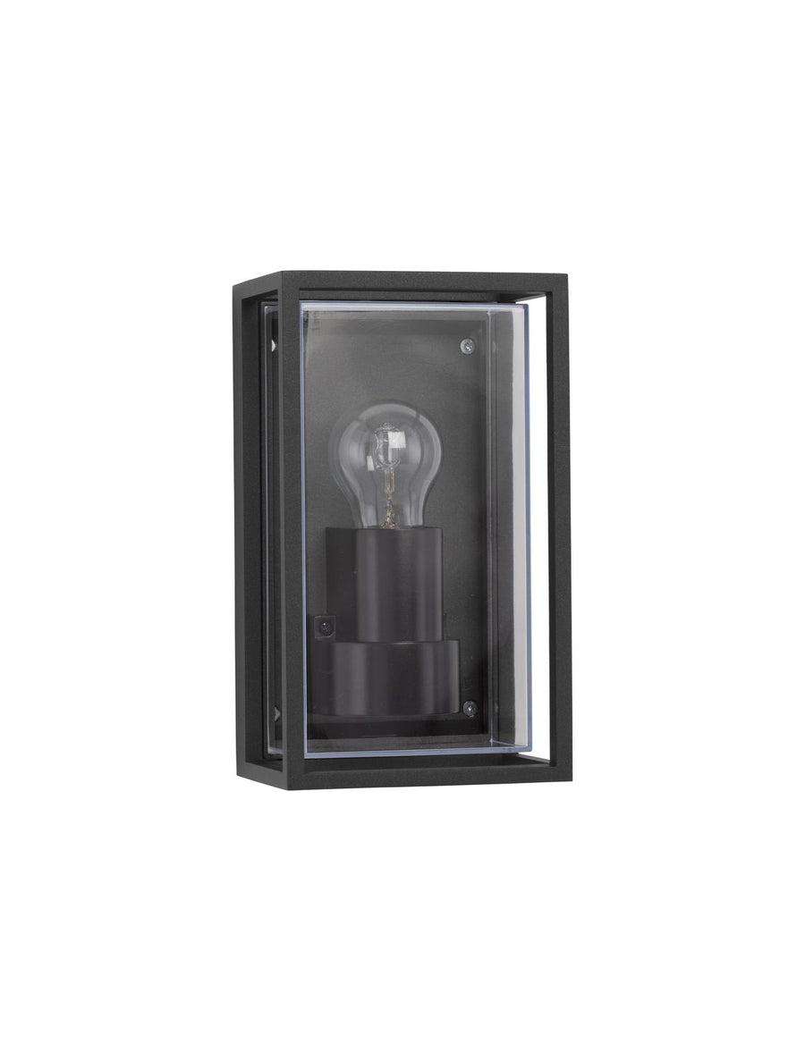 Vue de trois quarts du luminaire rectangulaire noir avec verre transparent et ampoule.
