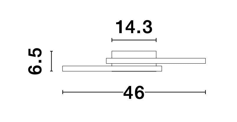 Schéma de dimensions : longueur 46 cm, hauteur 6,5 cm, base 14,3