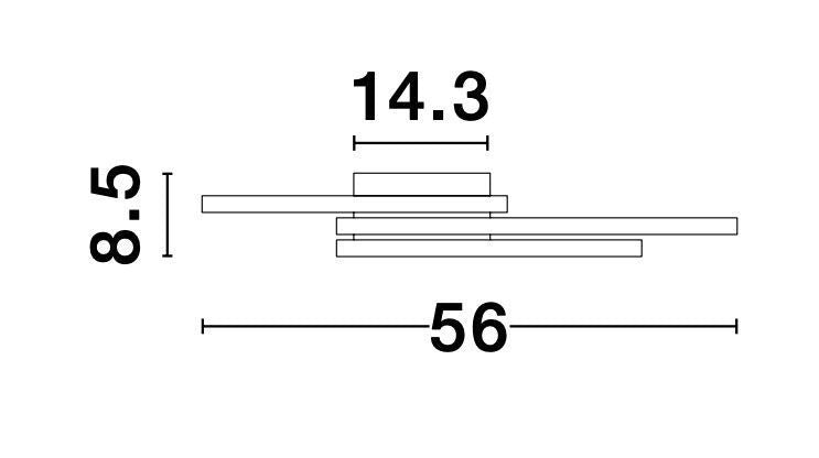 Schéma technique coté : 56 cm de long, 14,3 cm de large, 8,5 cm de haut