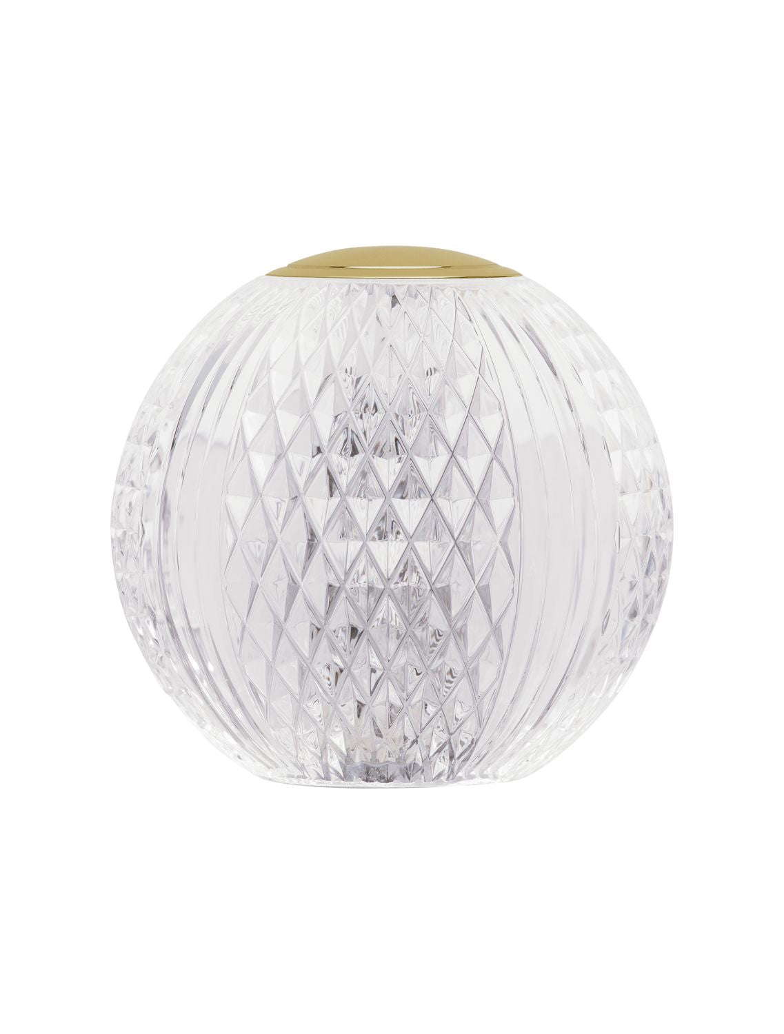 Vue de face de la lampe boule en cristal, détails des facettes et du sommet doré.
