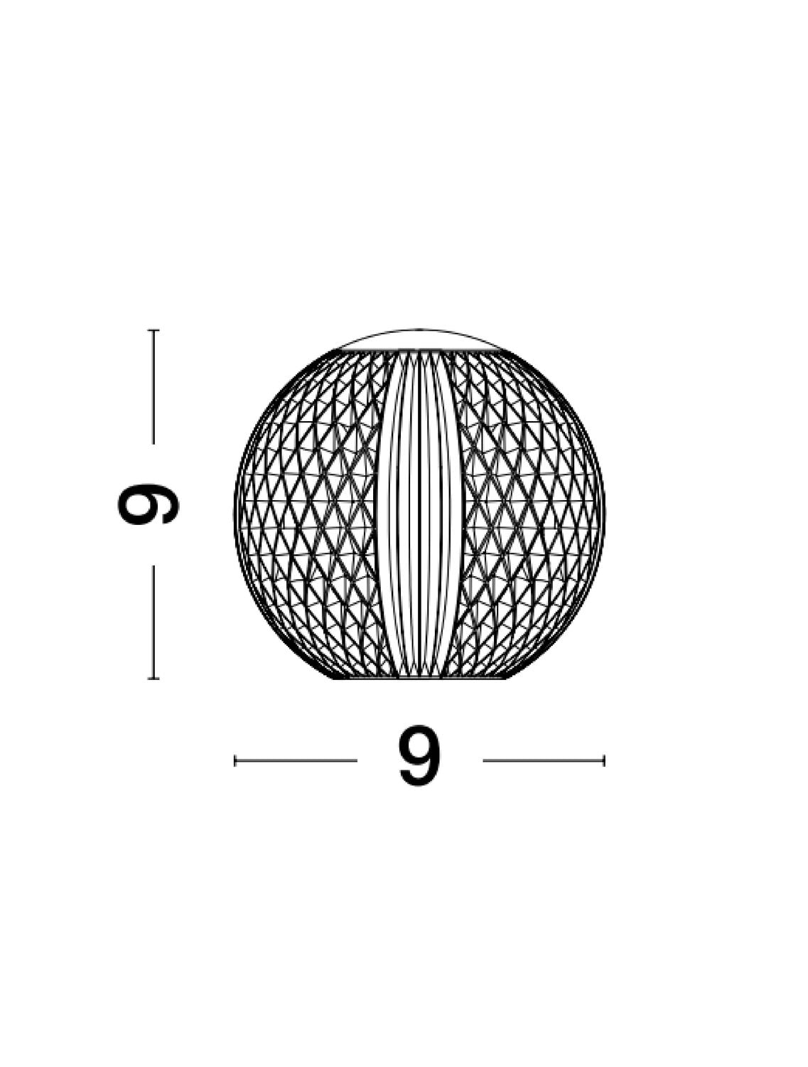Schéma technique coté de la lampe boule avec hauteur et largeur de neuf centimètres.
