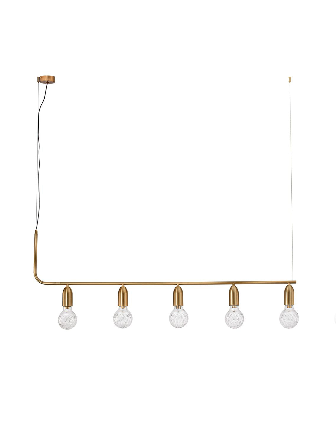 Vue de face du luminaire sur fond blanc, cinq ampoules en verre texturé