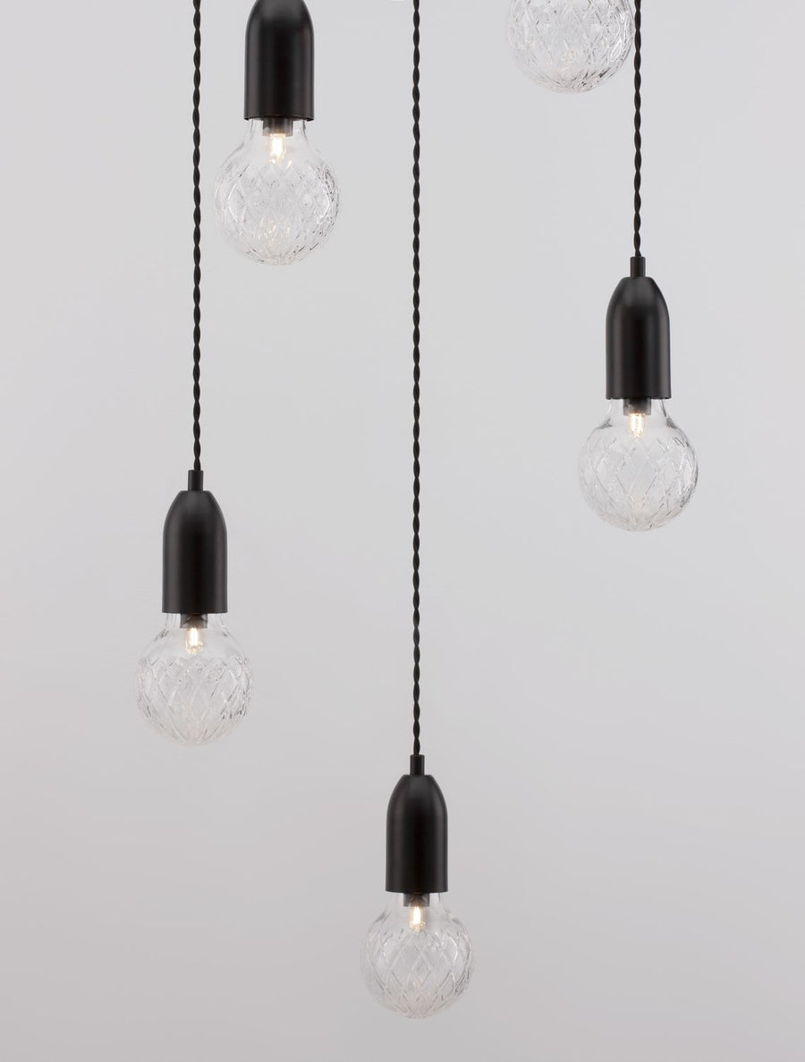 Suspension Veda 5 lumières noire, verre, H 150 cm