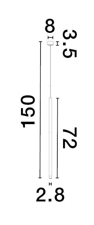 Schéma coté : hauteur totale 150 cm, longueur du tube 72 cm et diamètre 2,8 cm.