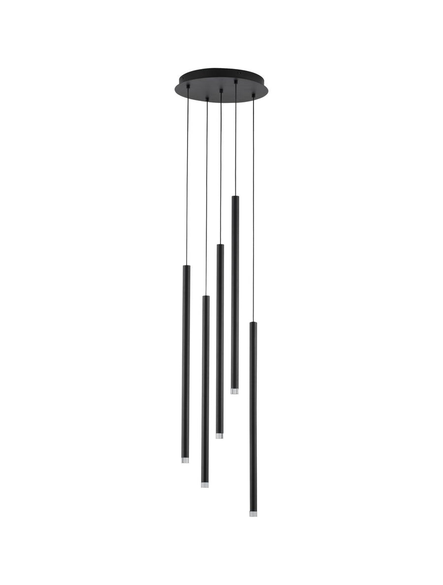 Vue d'ensemble de la suspension noire à cinq cylindres suspendus de longueurs différentes sur fond blanc.