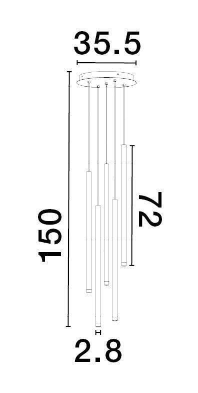 Schéma technique coté de la suspension, avec diamètre du support, hauteur totale et dimensions des tubes.